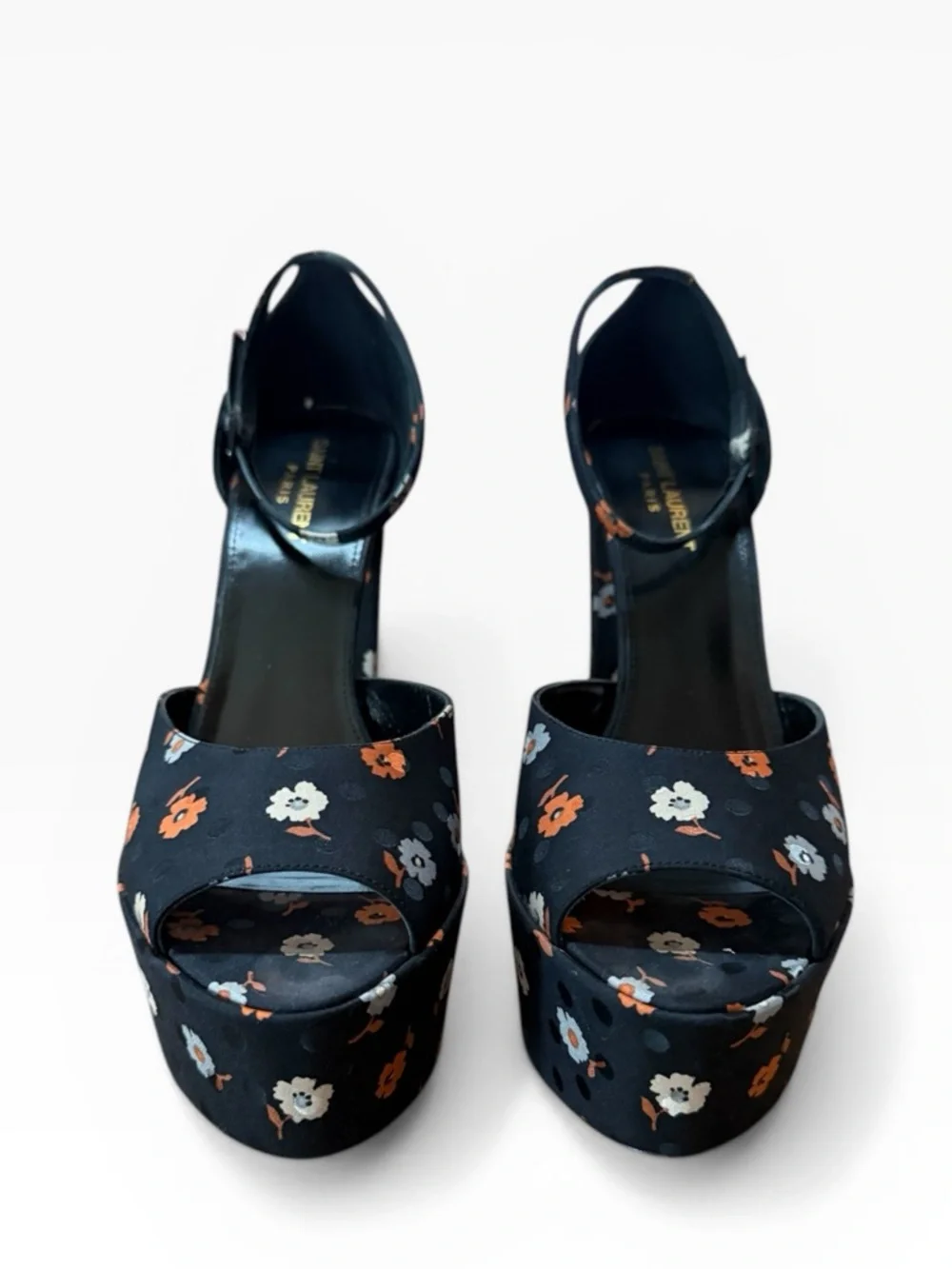 Saint Laurent Jodie 125 Floral Platform Heels Sandals in Black Silk EU 40 US 10 - Picture 7 of 16